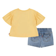 Rear view of the Levi's denim shorts set.