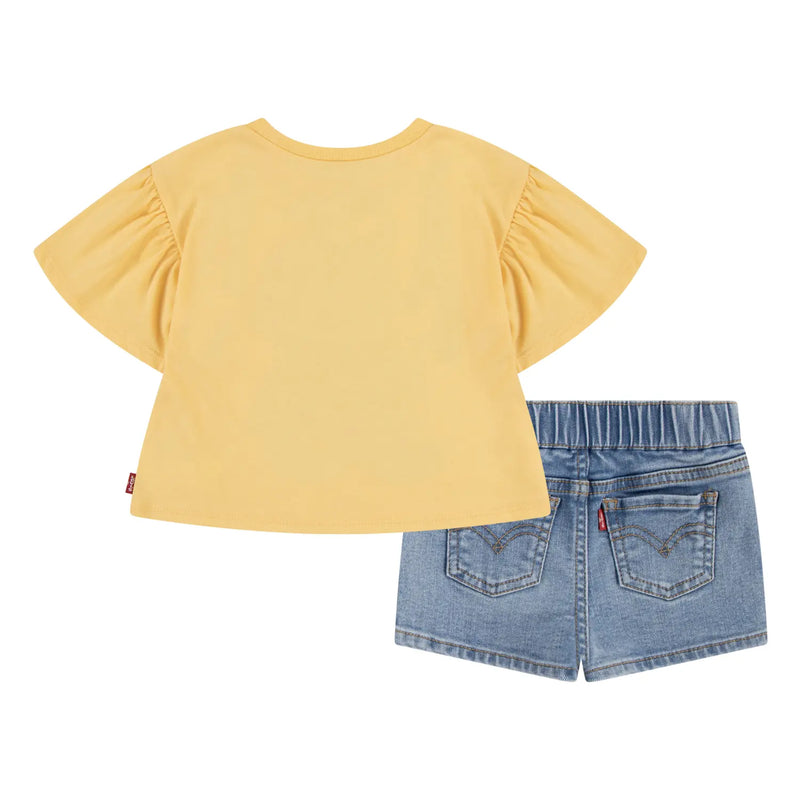 Rear view of the Levi's denim shorts set.