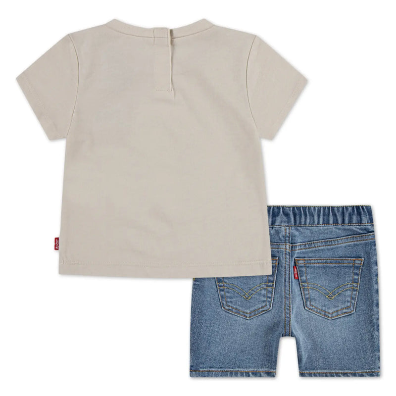 Rear view of the Levi's baby boy's denim shorts set.