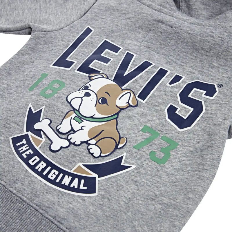 Closer look at the Levi's hoodie showing detail of the bulldog print.