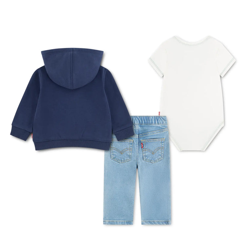 Rear view of the Levi's hoodie & jeans set.