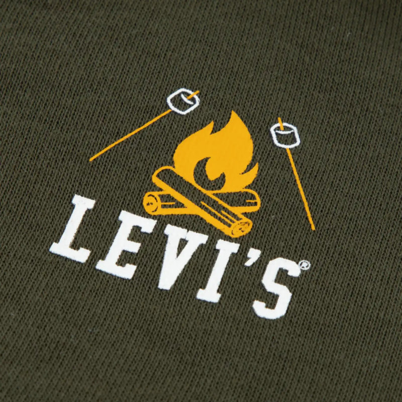 Levi's olive green hoodie featuring a campfire logo with roasting marshmallows.