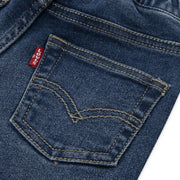 Closer look at the Levi's dark wash jeans.