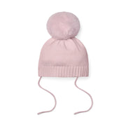 Rear view of the Little A pink diamond bobble hat.