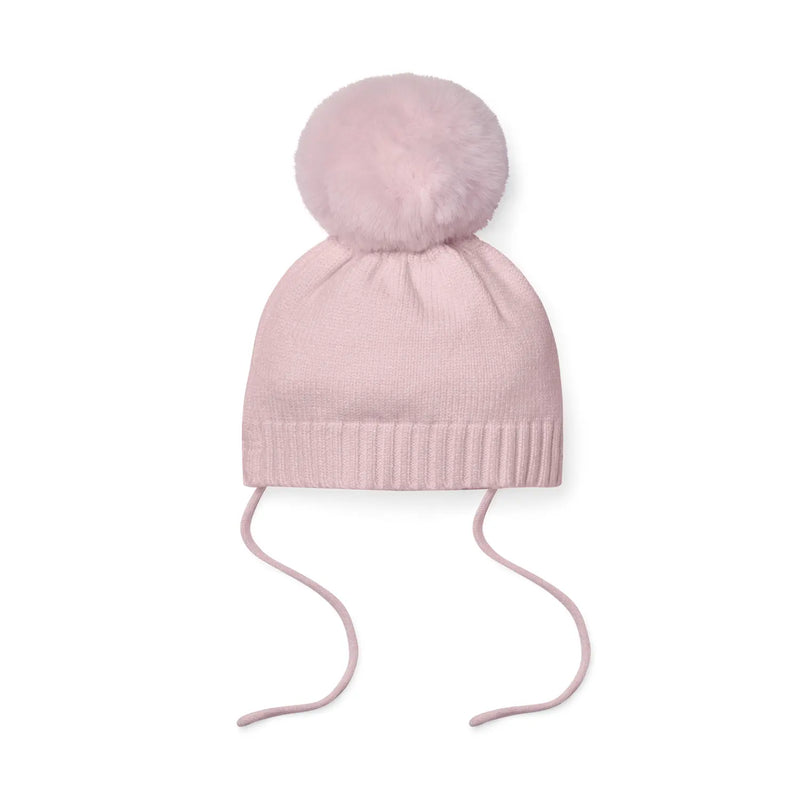 Rear view of the Little A pink diamond bobble hat.