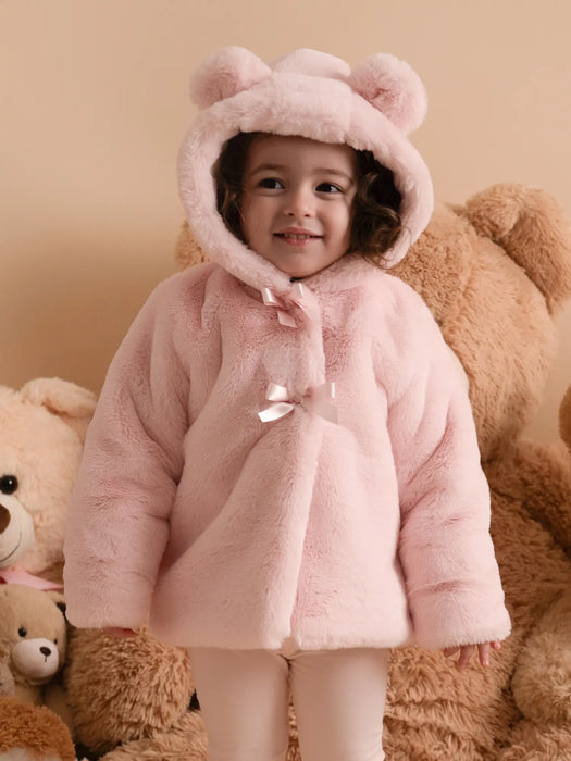 Little A pink jacket with with teddy bear ears on the hood.