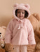 Little A pink jacket with with teddy bear ears on the hood.