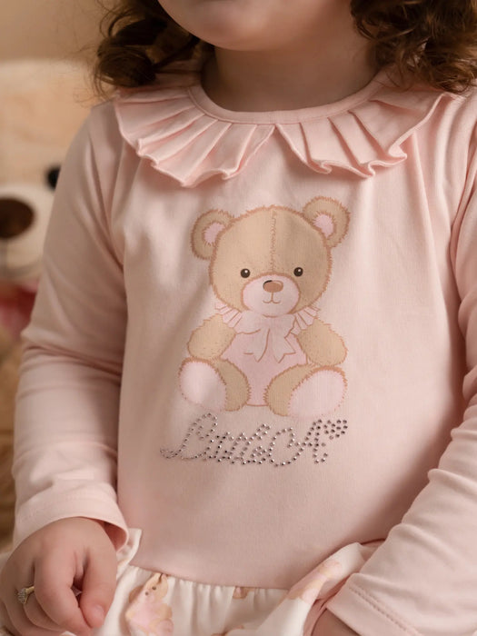 Little A genevieve leggings set with teddy bear logo on the chest.