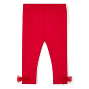 Little A red leggings with tulle bows at the ankles.