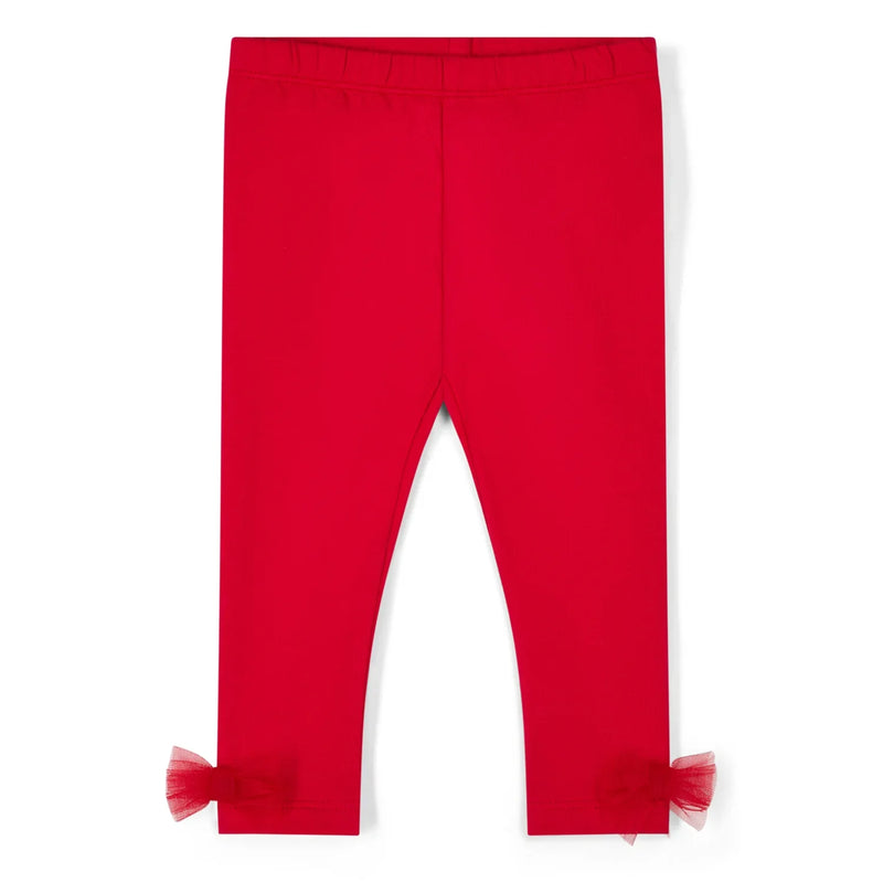 Little A red leggings with tulle bows at the ankles.