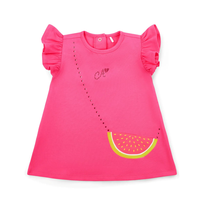 Baby girl's A-line dress with fun watermelon handbag design.