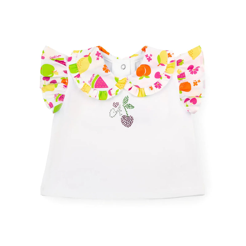 Baby girl's white top with rhinestone cherry logo.