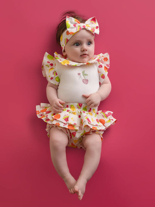 Baby girl modelling the Little A pippa jam pants set.