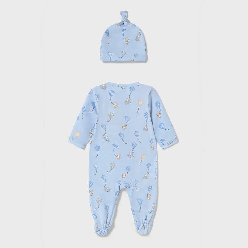 Back of the Mayoral blue babygrow & hat.