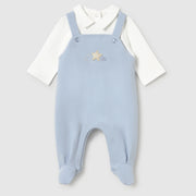 Mayoral sky blue dungarees style babygrow.