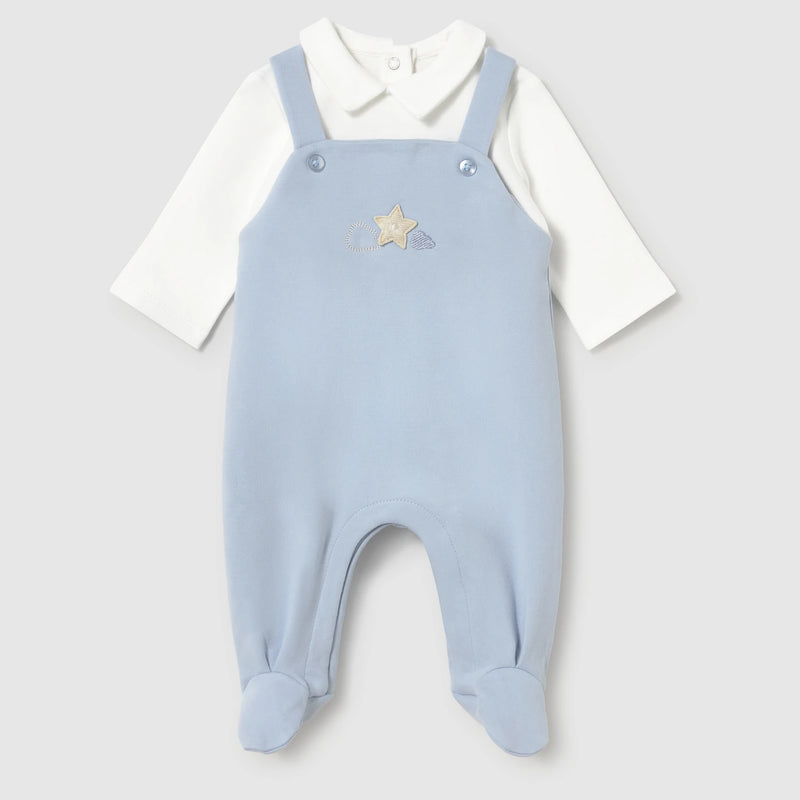 Mayoral sky blue dungarees style babygrow.