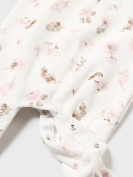 Closer view of the Mayoral floral print babygrow.