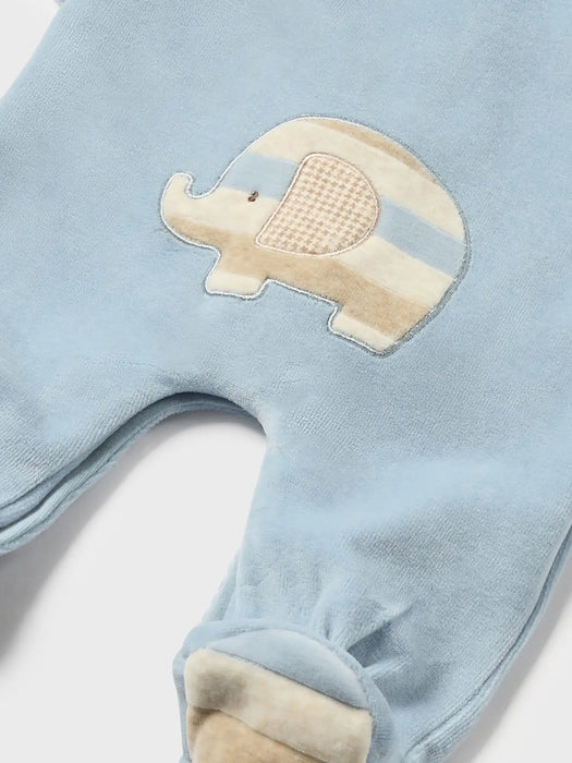 Closer view of the Mayoral blue babygrow.