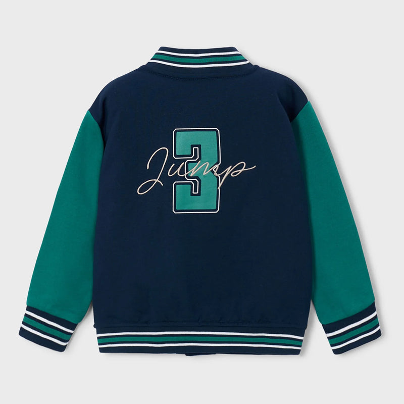 Mayoral varsity jacket with large embroidered logo on the back.