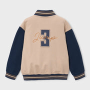 Back of the Mayoral brown baseball jacket.