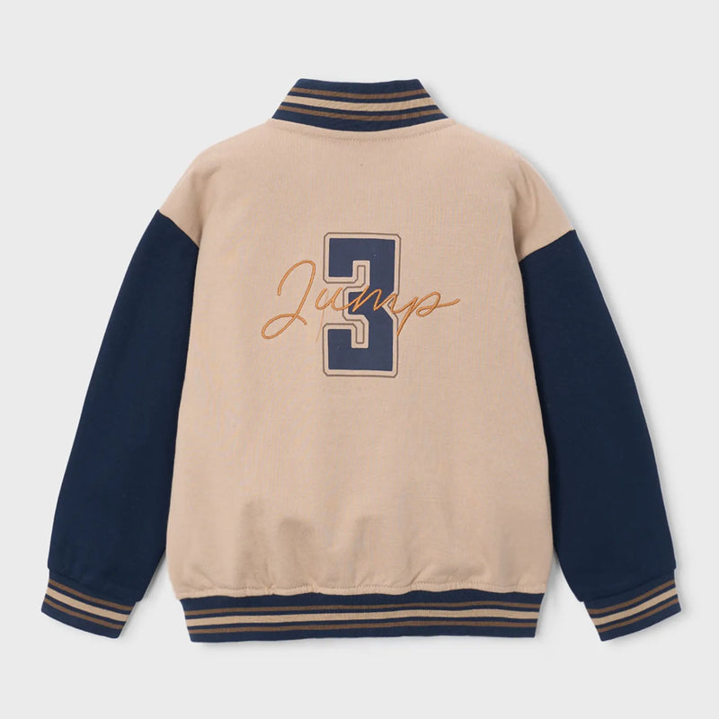 Back of the Mayoral brown baseball jacket.