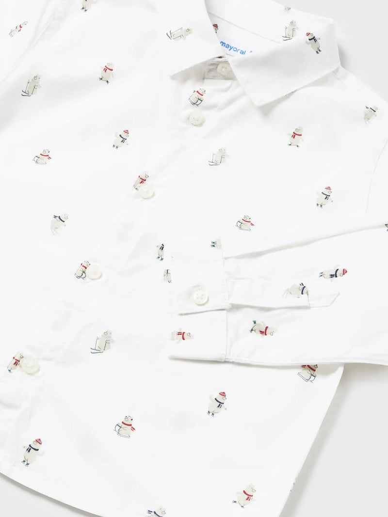 Closer look at the Mayoral bear print shirt.