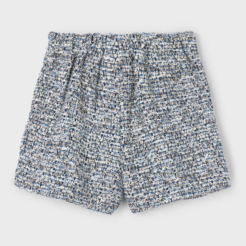 Back of the Mayoral navy tweed shorts.