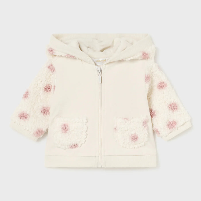 Baby girl's zip up top with bouclés sleeves and hood.