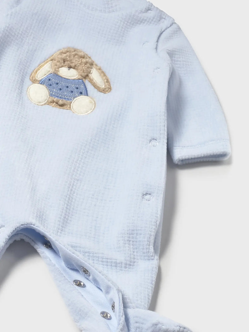 Mayoral bunny babygrow with textured bunny appliqué.