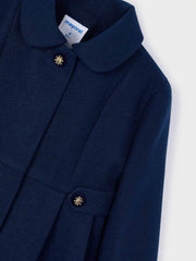 Mayoral navy coat with gold monogram buttons.
