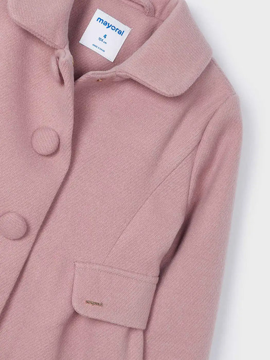 Mayoral pink coat with gold logo badge.