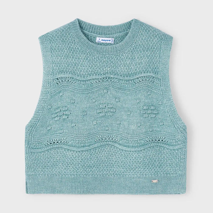 Girl's jade green sleeveless pullover.