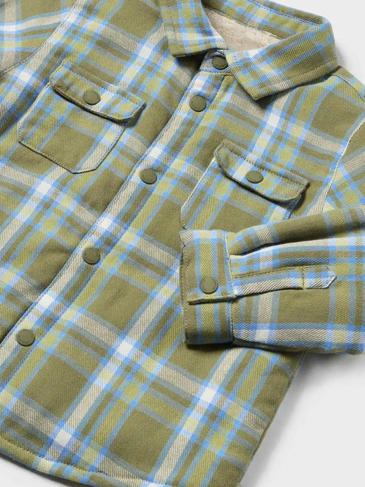 Closer view of the Mayoral check overshirt.