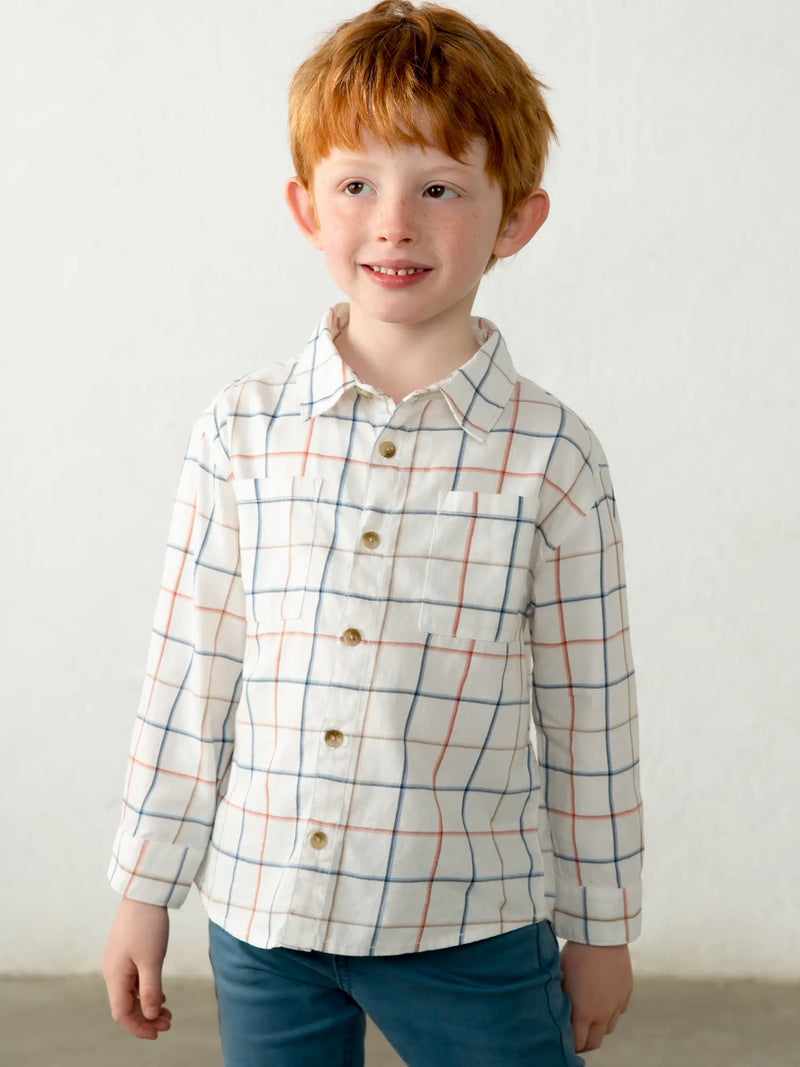 Mayoral white shirt with red and blue windowpane check pattern.