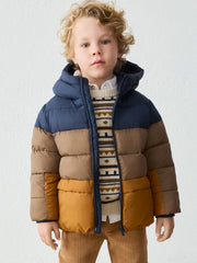 Boy wearing the Mayoral colourblock coat.