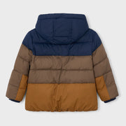 Rear view of the Mayoral colourblock coat.