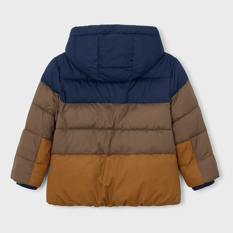 Rear view of the Mayoral colourblock coat.