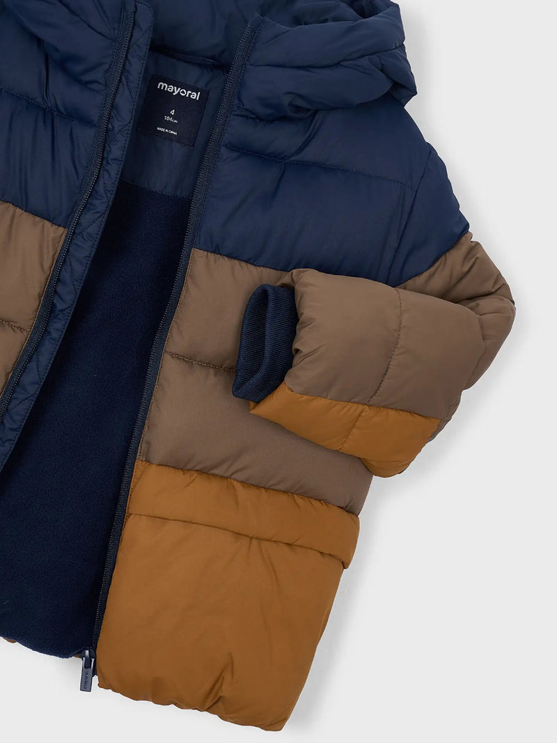 Mayoral colourblock coat with warm inner lining.