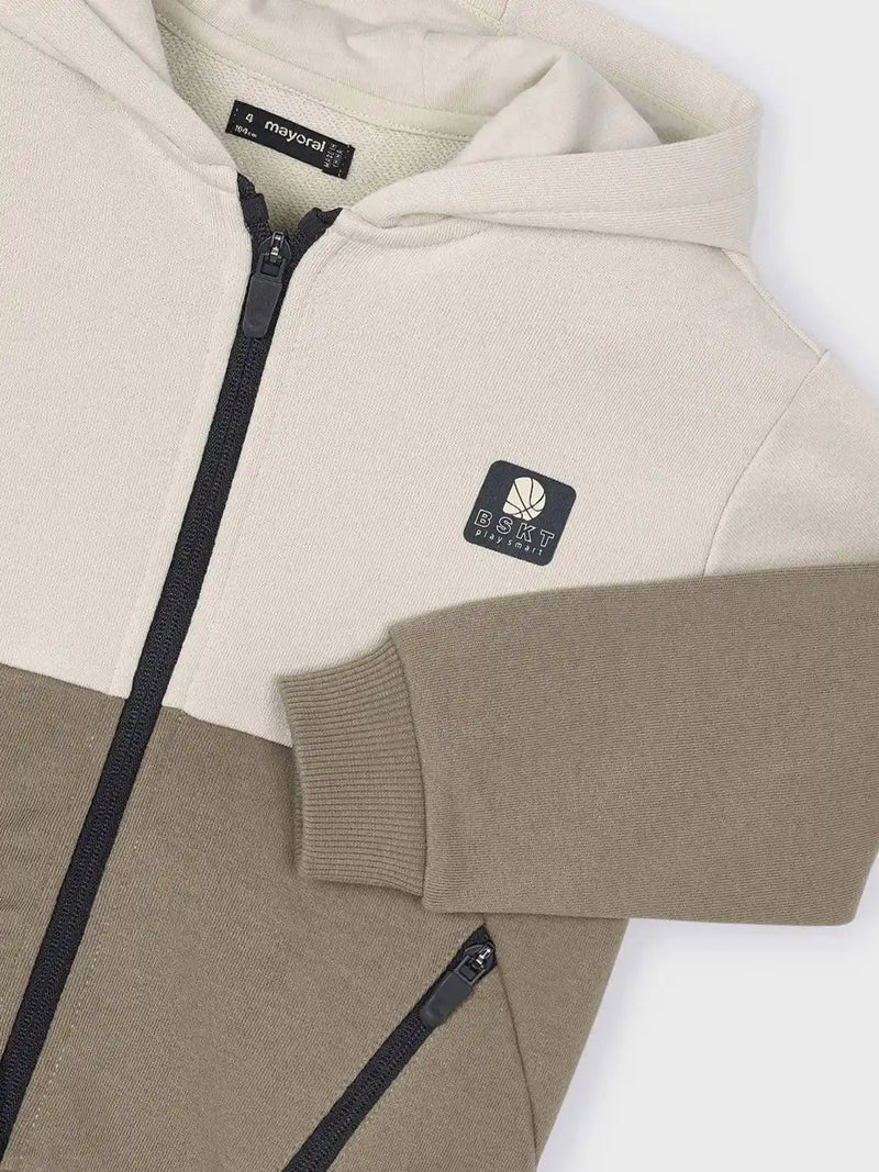 Closer look at the Mayoral colourblock hoodie showing detail of the contrasting black zips