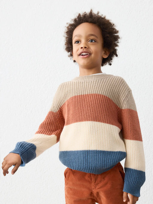 Boy wearing the Mayoral colourblock jumper.