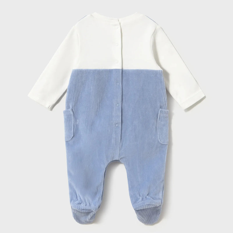 Back of the Mayoral blue corduroy babygrow.