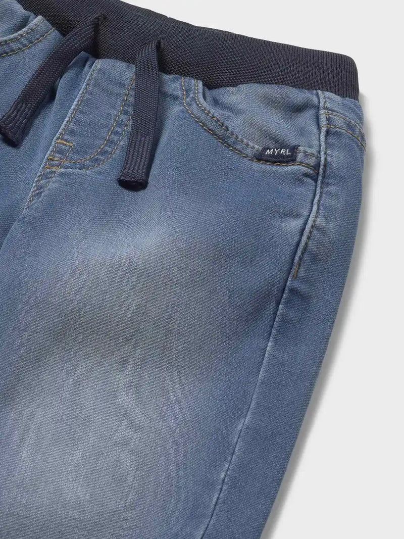 Closer look at the Mayoral denim joggers.