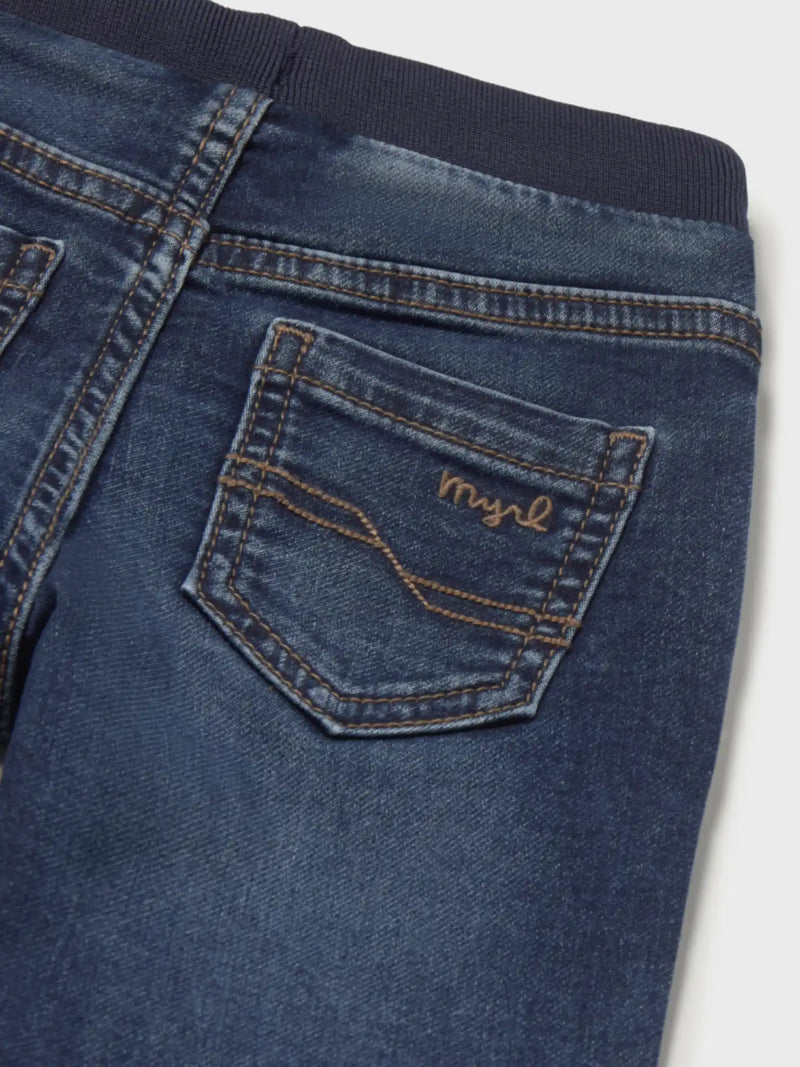 Closer view of the Mayoral denim joggers.