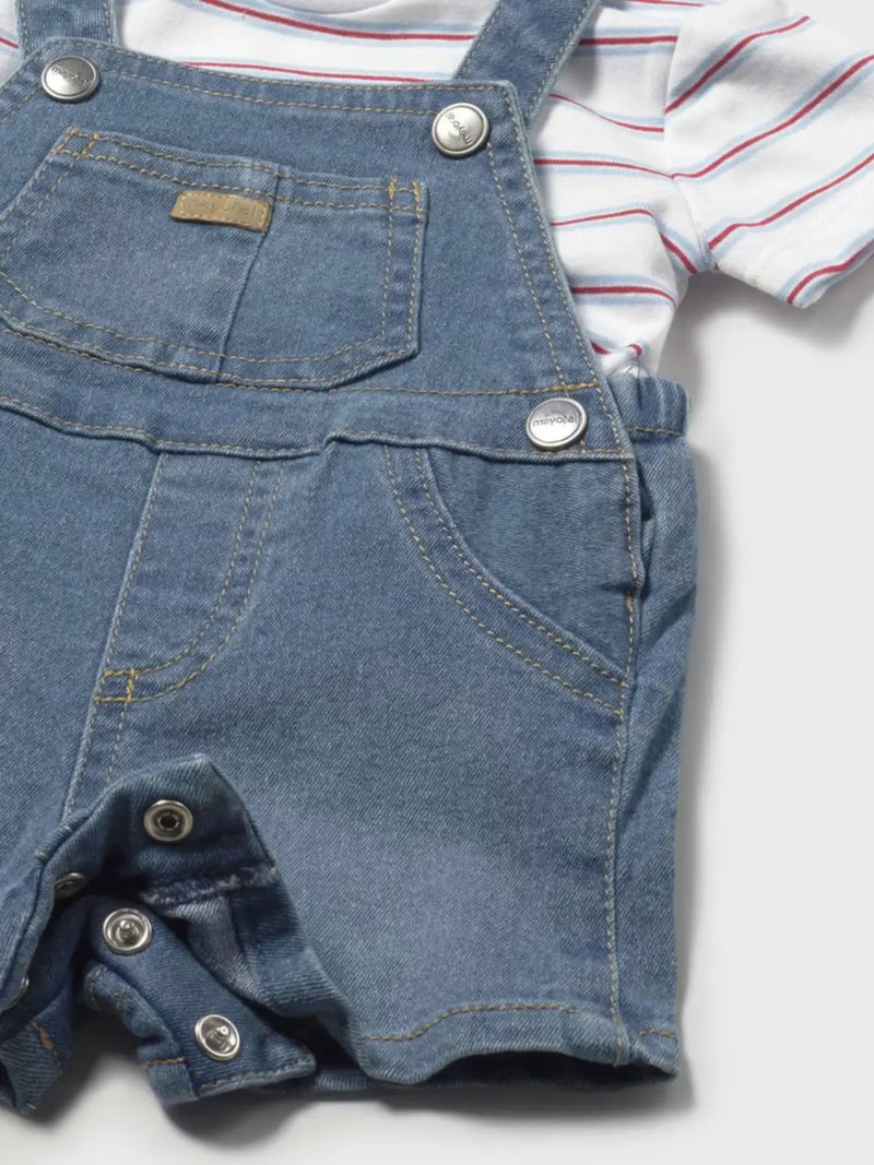 Closer look at the Mayoral denim romper set.