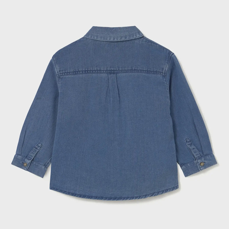 Rear view of the Mayoral blue denim shirt.