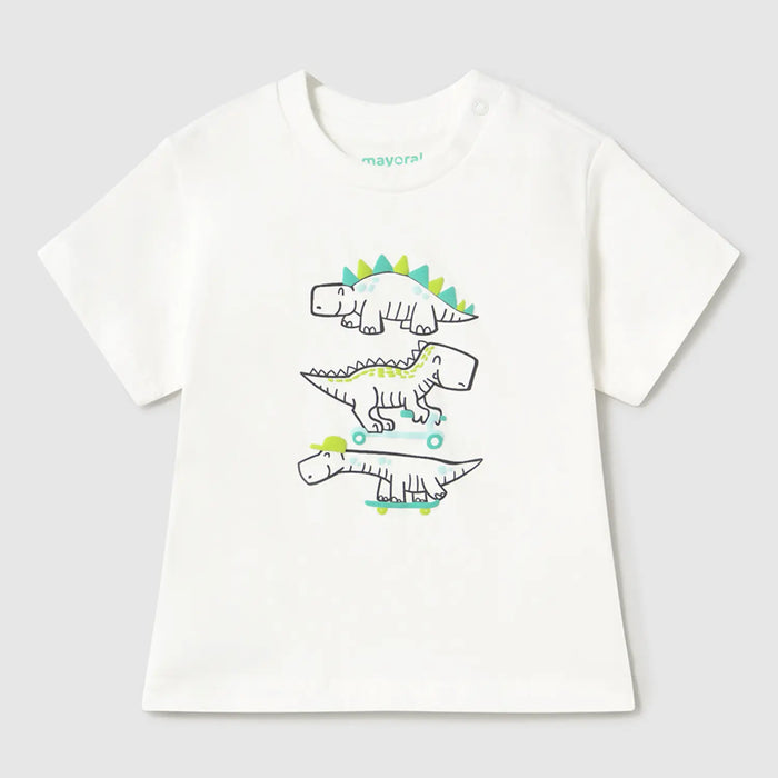 Mayoral white t-shirt with dinosaur print.