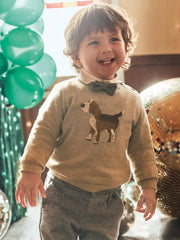 Baby boy wearing the Mayoral doggy jumper.