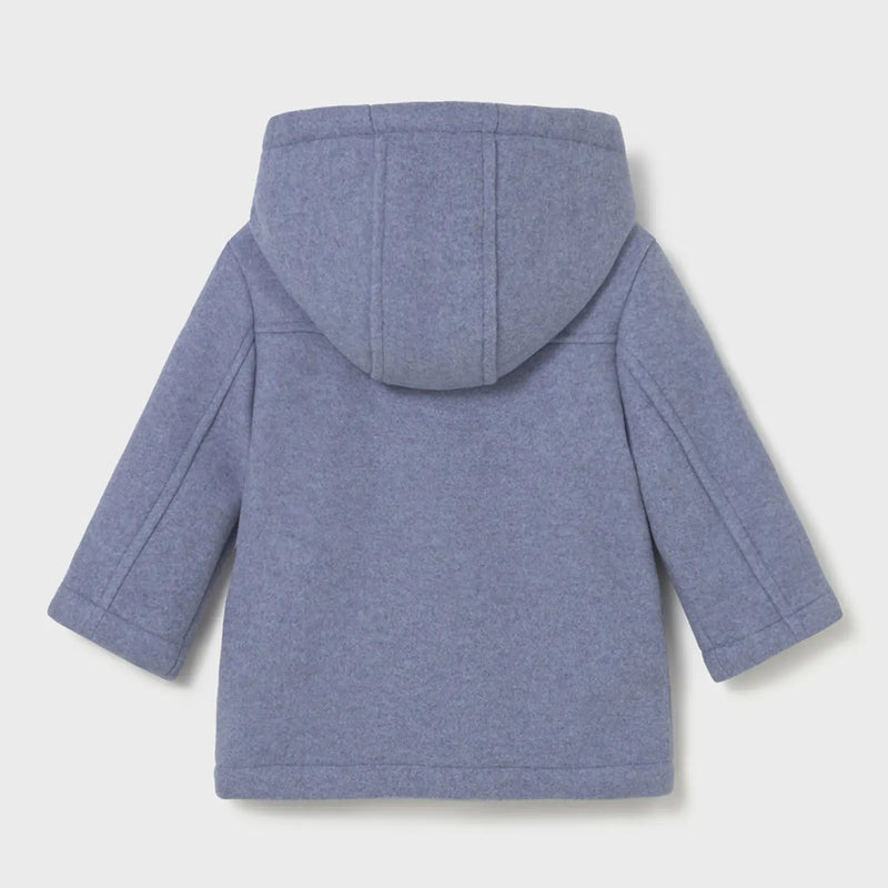 Back of the Mayoral blue duffle coat.