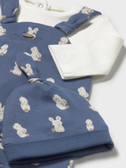 Closer look at the Mayoral dungarees & hat showing detail of the cute bunny rabbit pattern.