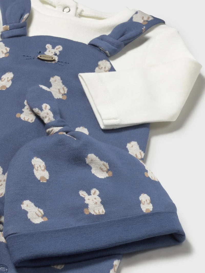 Closer look at the Mayoral dungarees & hat showing detail of the cute bunny rabbit pattern.